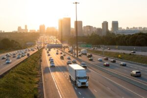 View of busy Highway with reflection and high rise buildings during rush hours at the sunset