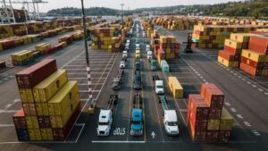 Trucks in a shipping container yard