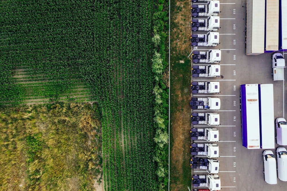 trucks in field