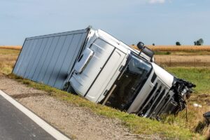 The large truck lies in a side ditch after the road accident.