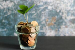 Coins in a glass pot spouting a plant representing financing