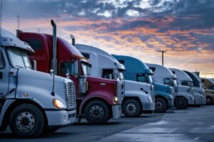 row of semi trucks at sunset