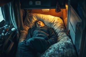 truck driver sleeping in a sleeper cab