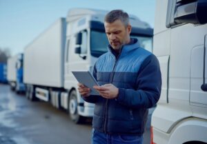 Truck driver checking documents on a clip board
