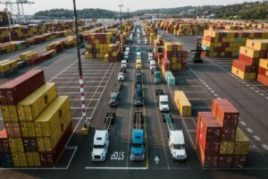 freight trucks at a cargo depot