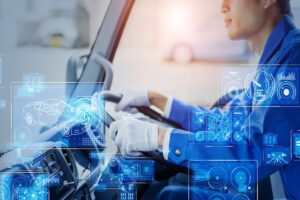 graphic of a truck driver using AI assistance
