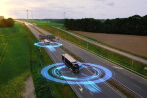 graphic of two trucks using AI technology for collision safety