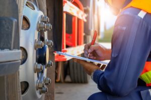 man inspecting truck wheels