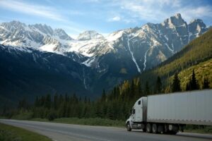 truck driving through snowy mountains