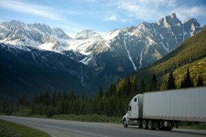 white commercial freight truck driving on a highway near snowy mountains