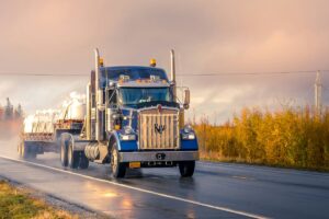 Blue truck driving on open road at dusk