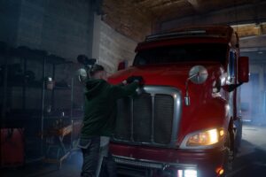 Man working on a red truck in a garage