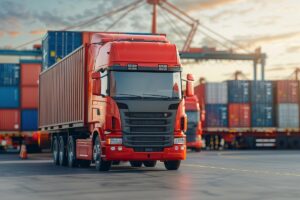 red truck with shipping containers in the background