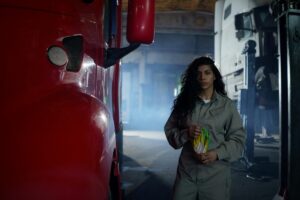 Female mechanic standing next to truck in work clothes