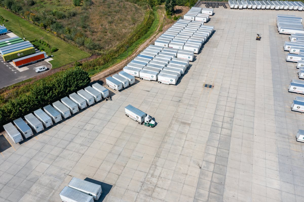 Portland, OR, USA - Sep 13, 2025 - Aerial drone picture of Old Dominion Freight Line distribution facility with rows of parked trailers, loading docks, and trucking yard focused on shipping and log
