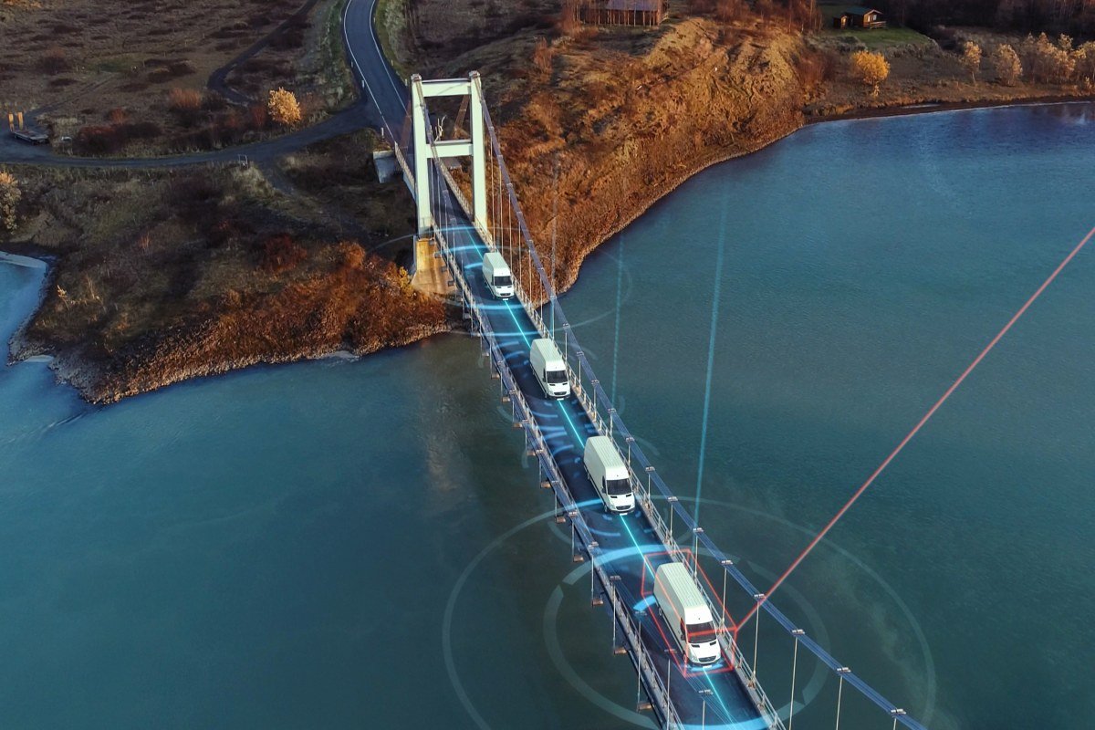 Autonomous Electric Van semi truck car driving on a highway with technology assistant tracking information, showing details. Visual effects clip