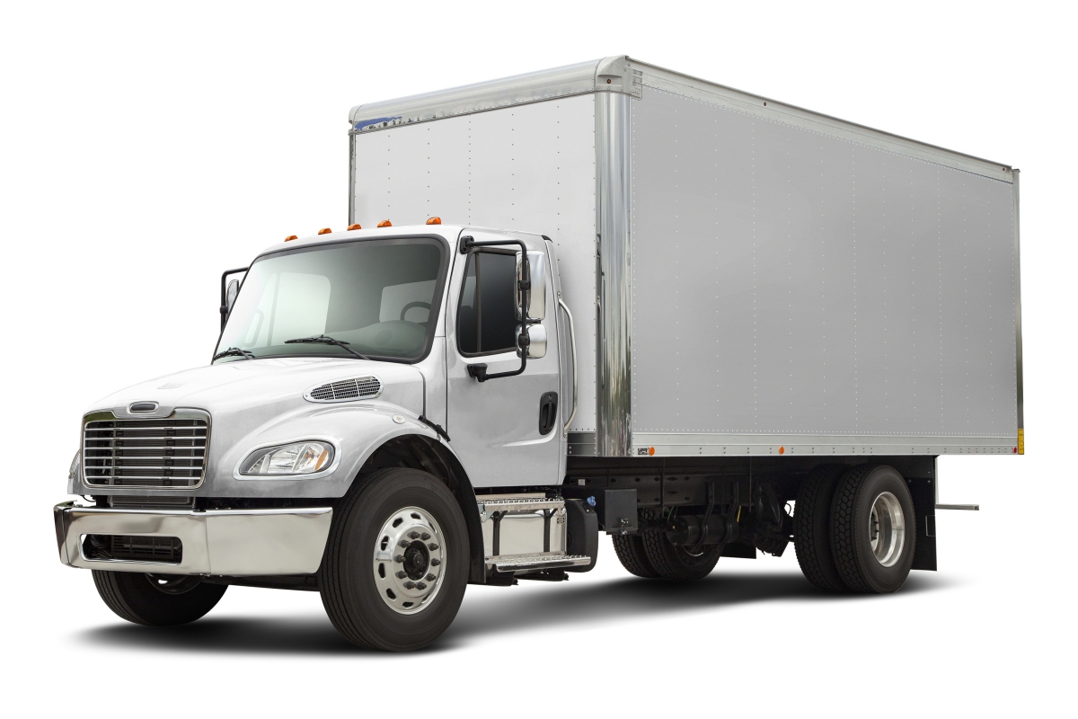 Modern american delivery truck with chrome elements in all white color. Front side view isolated on white background.