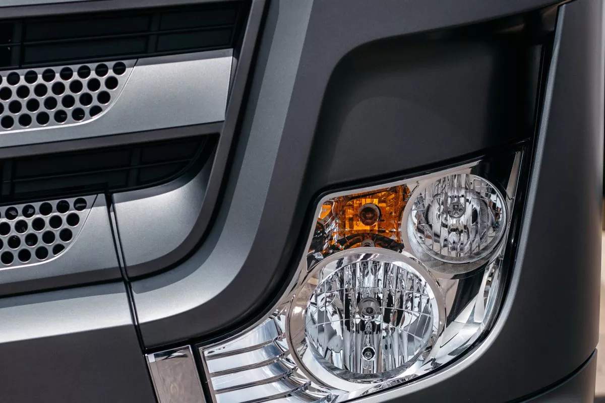 front optics of a new modern gray truck close-up