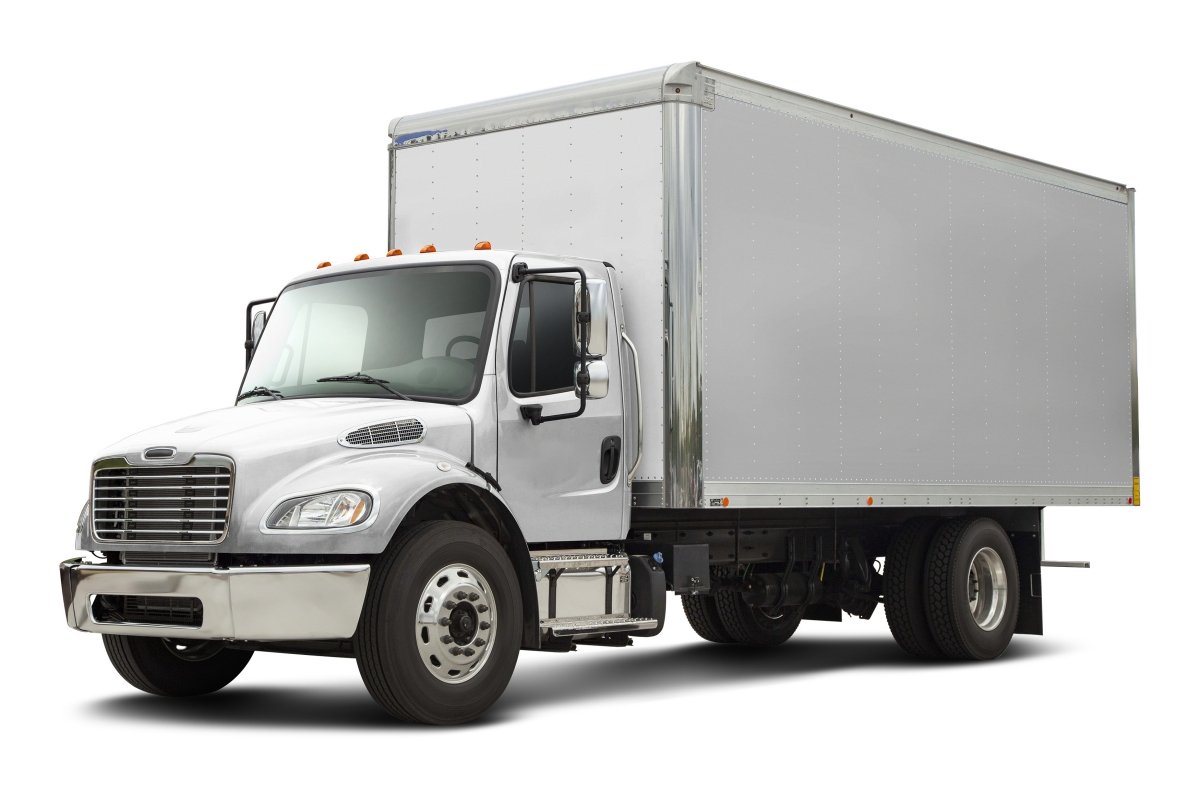 Modern american delivery truck with chrome elements in all white color. Front side view isolated on white background.