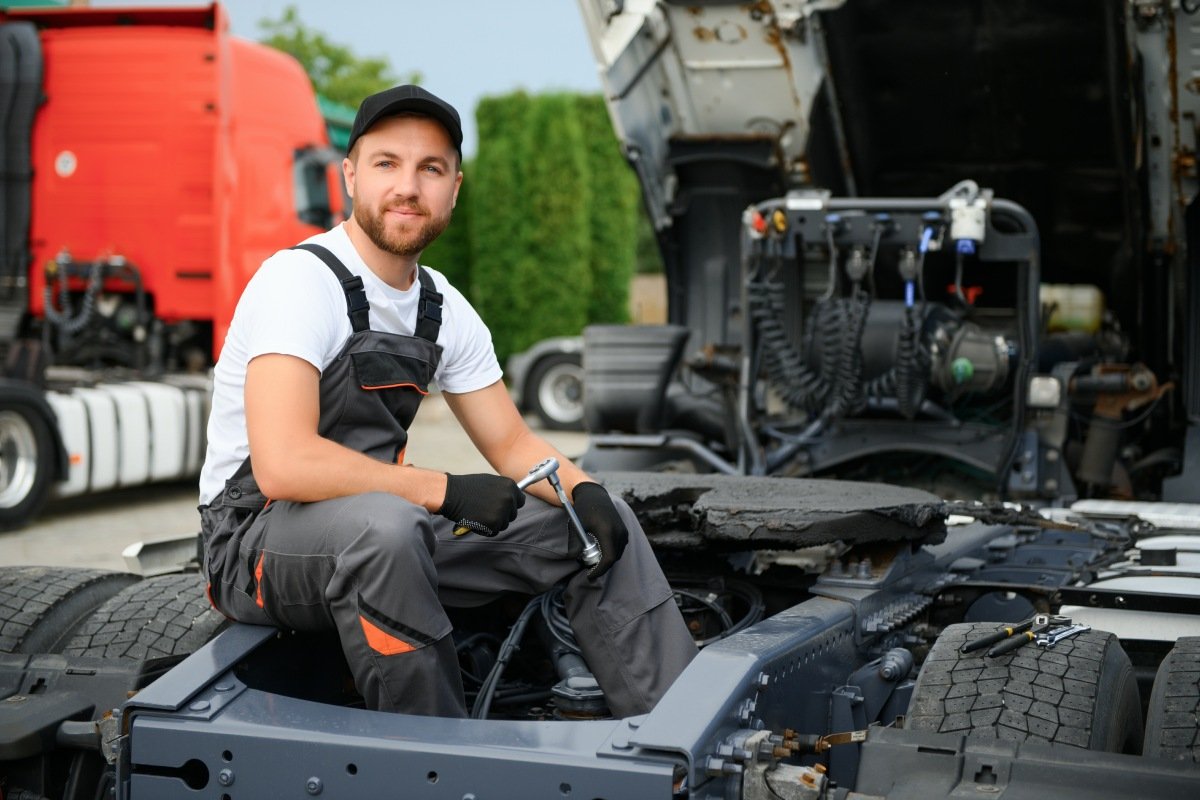 Semi Truck Under Maintenance. Caucasian Truck Mechanic Working to Fix the Tractor.
