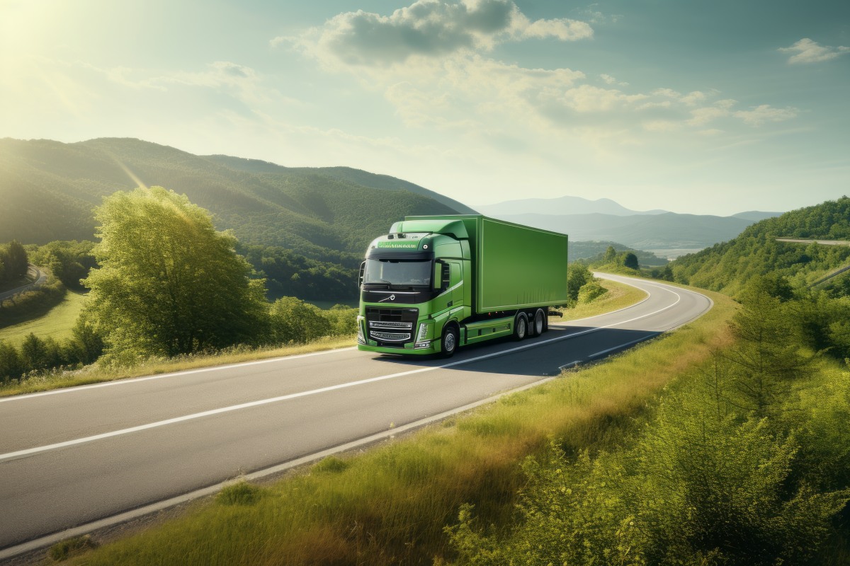 Eco-Friendly Journey: A White Truck Drives Through the Lush Green Hills and Forests, Symbolizing Sustainable Transportation Amidst Nature's Beauty